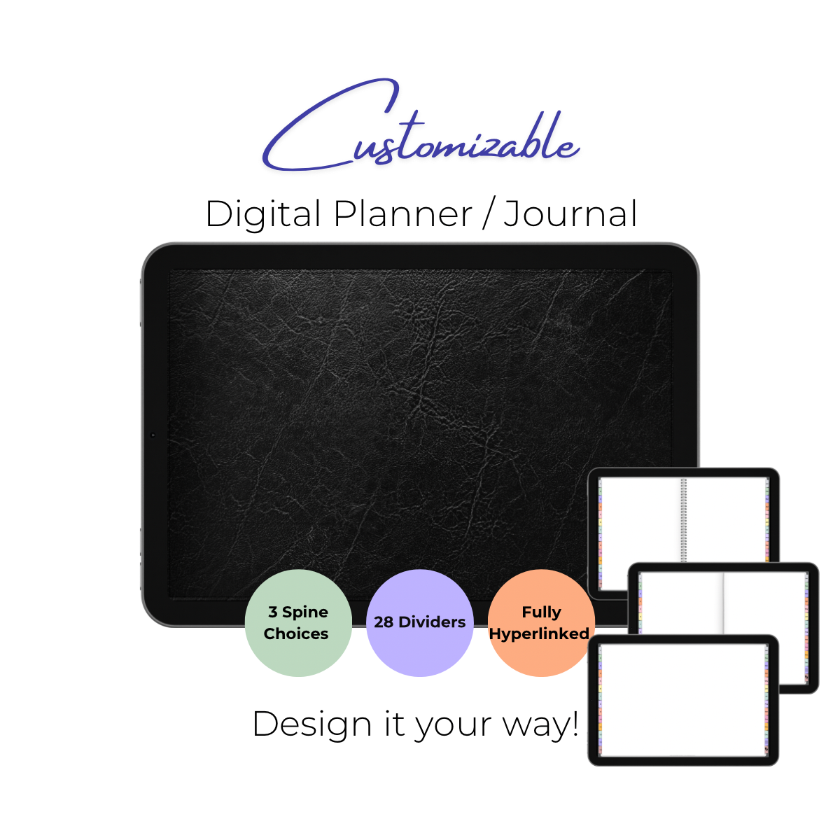 Customizable Digital Planner / Journal - Black Leather - Multi-Color Tabs