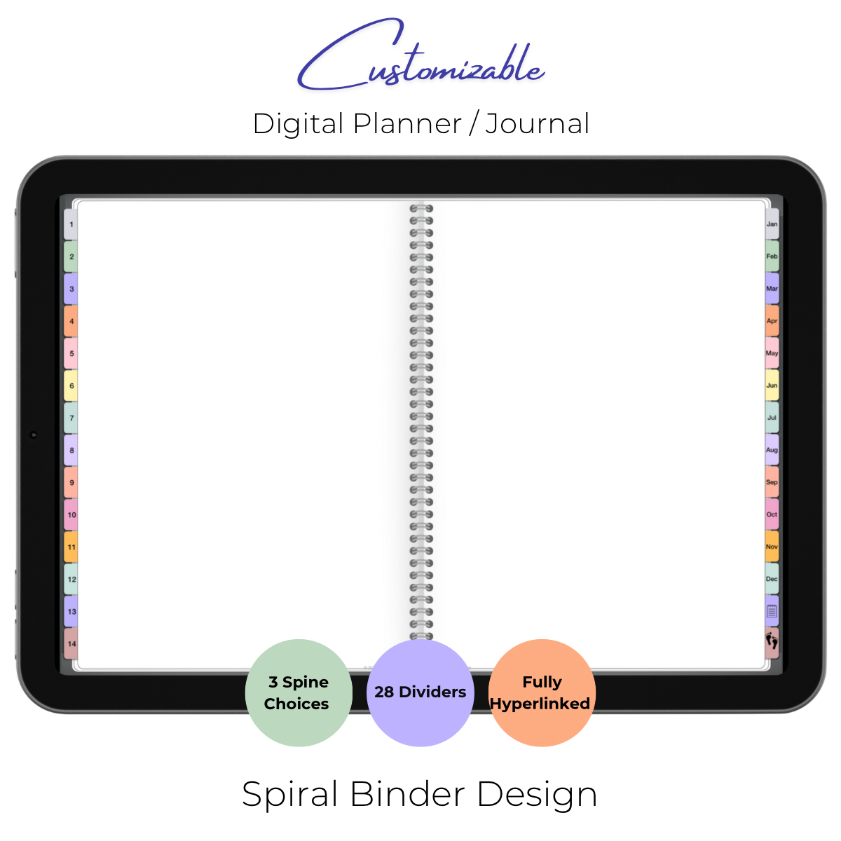 Customizable Digital Planner / Journal - Black Leather - Multi-Color Tabs