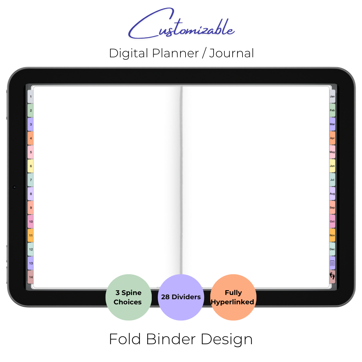Customizable Digital Planner / Journal - Black Leather - Multi-Color Tabs