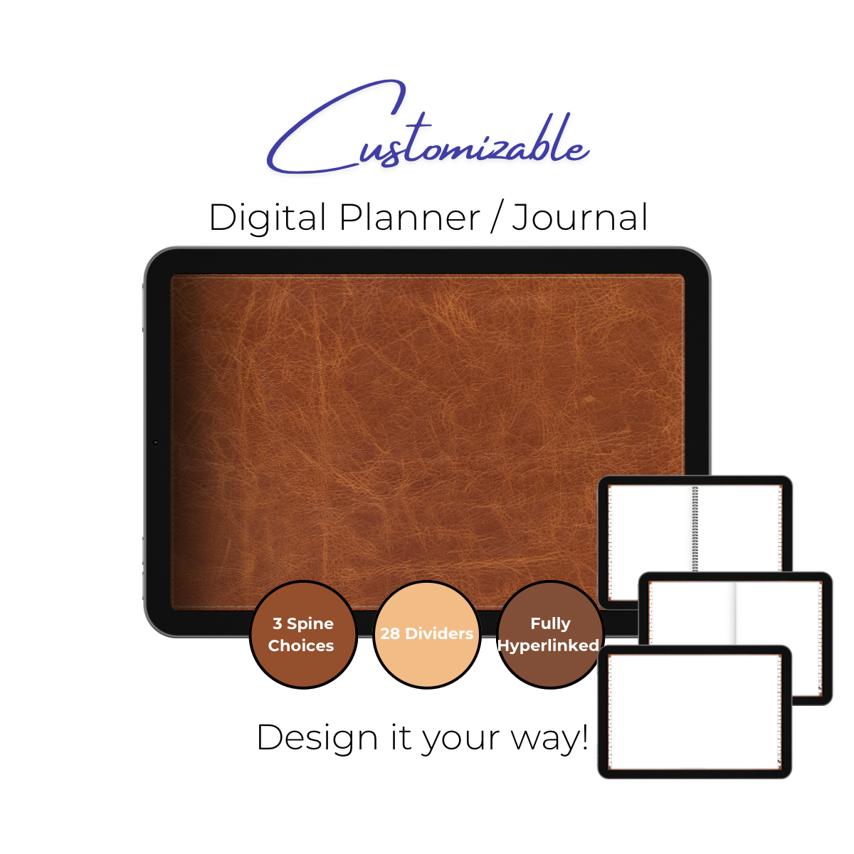 Customizable Digital Planner / Journal - Brown Leather - White Tabs