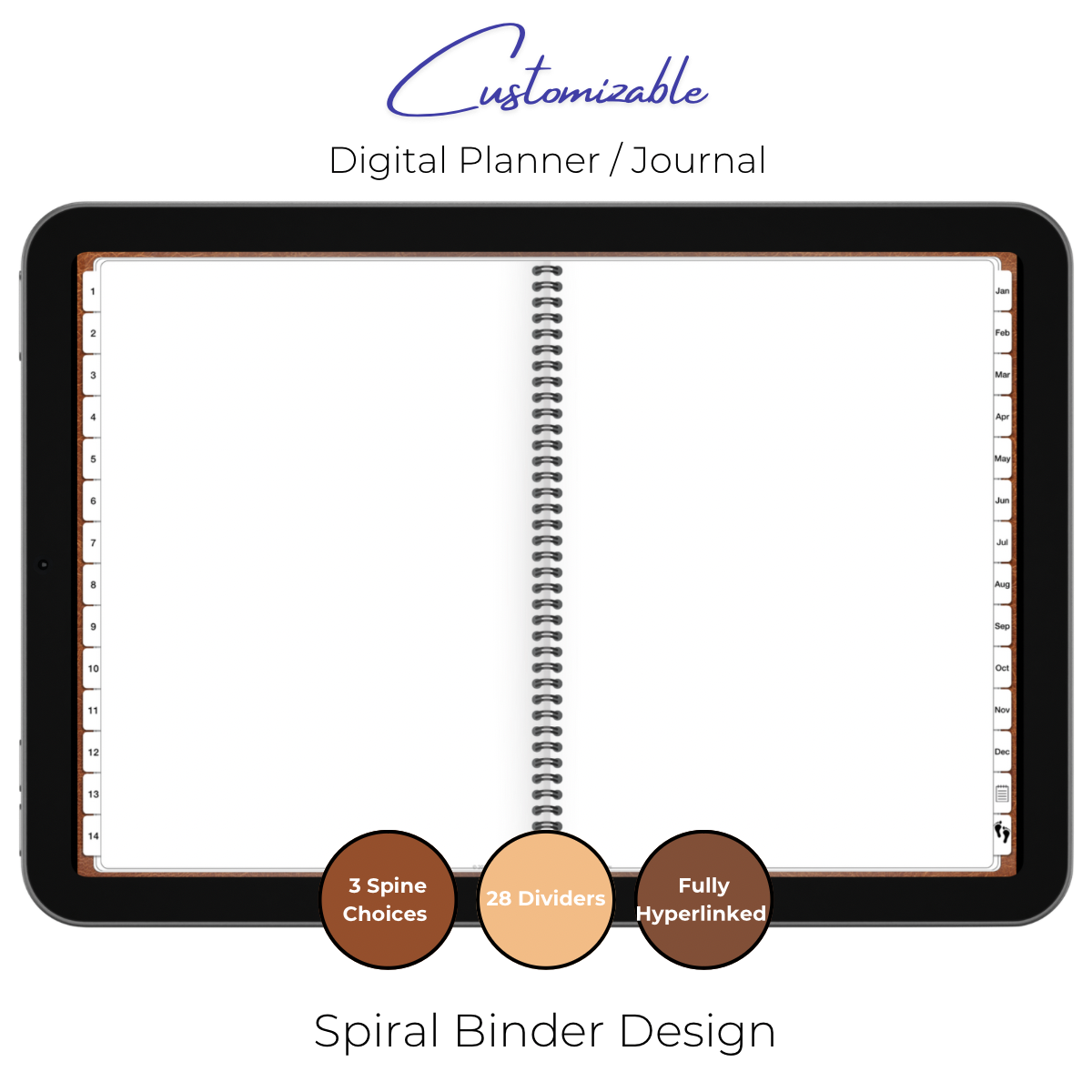 Customizable Digital Planner / Journal - Brown Leather - White Tabs