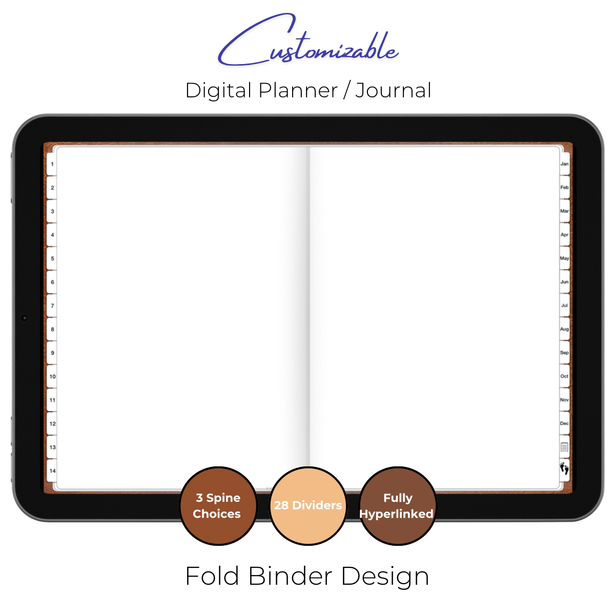 Customizable Digital Planner / Journal - Brown Leather - White Tabs