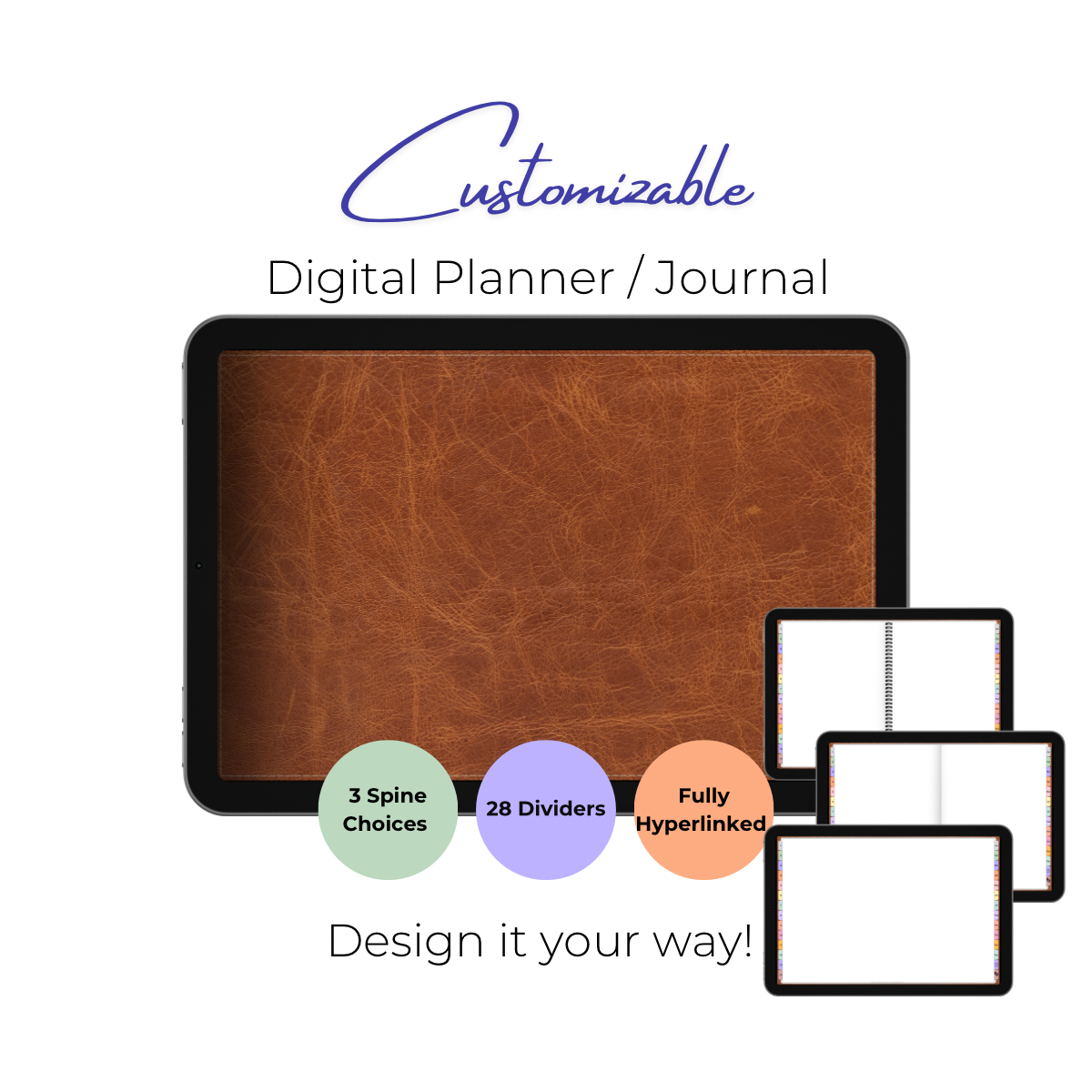 Customizable Digital Planner / Journal - Brown Leather - Multi-Color Tabs