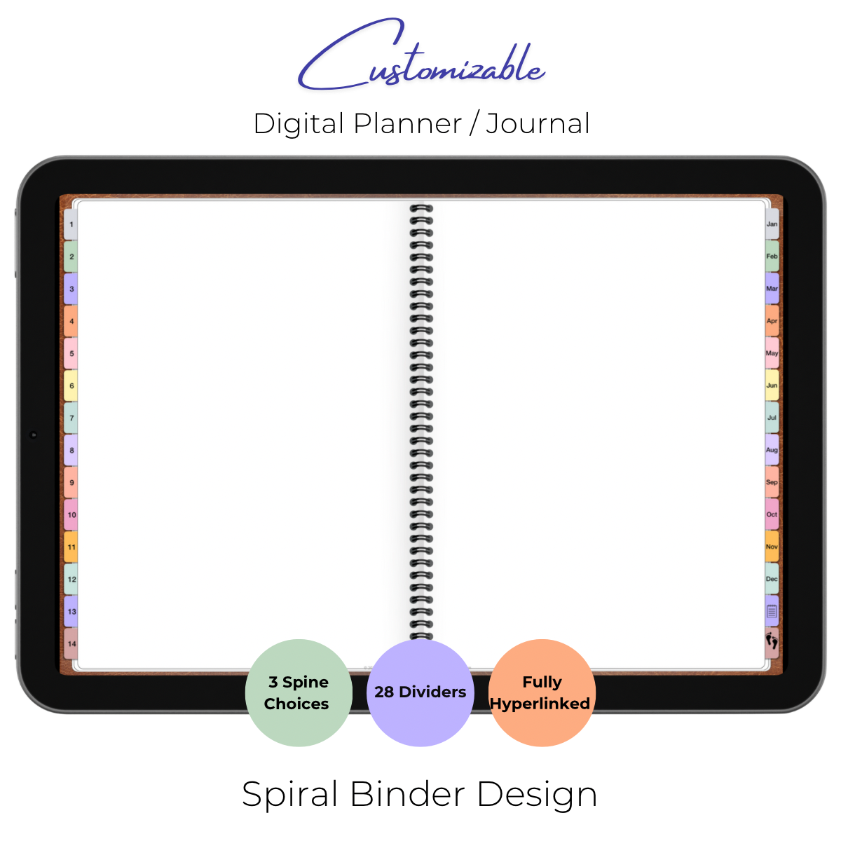 Customizable Digital Planner / Journal - Brown Leather - Multi-Color Tabs