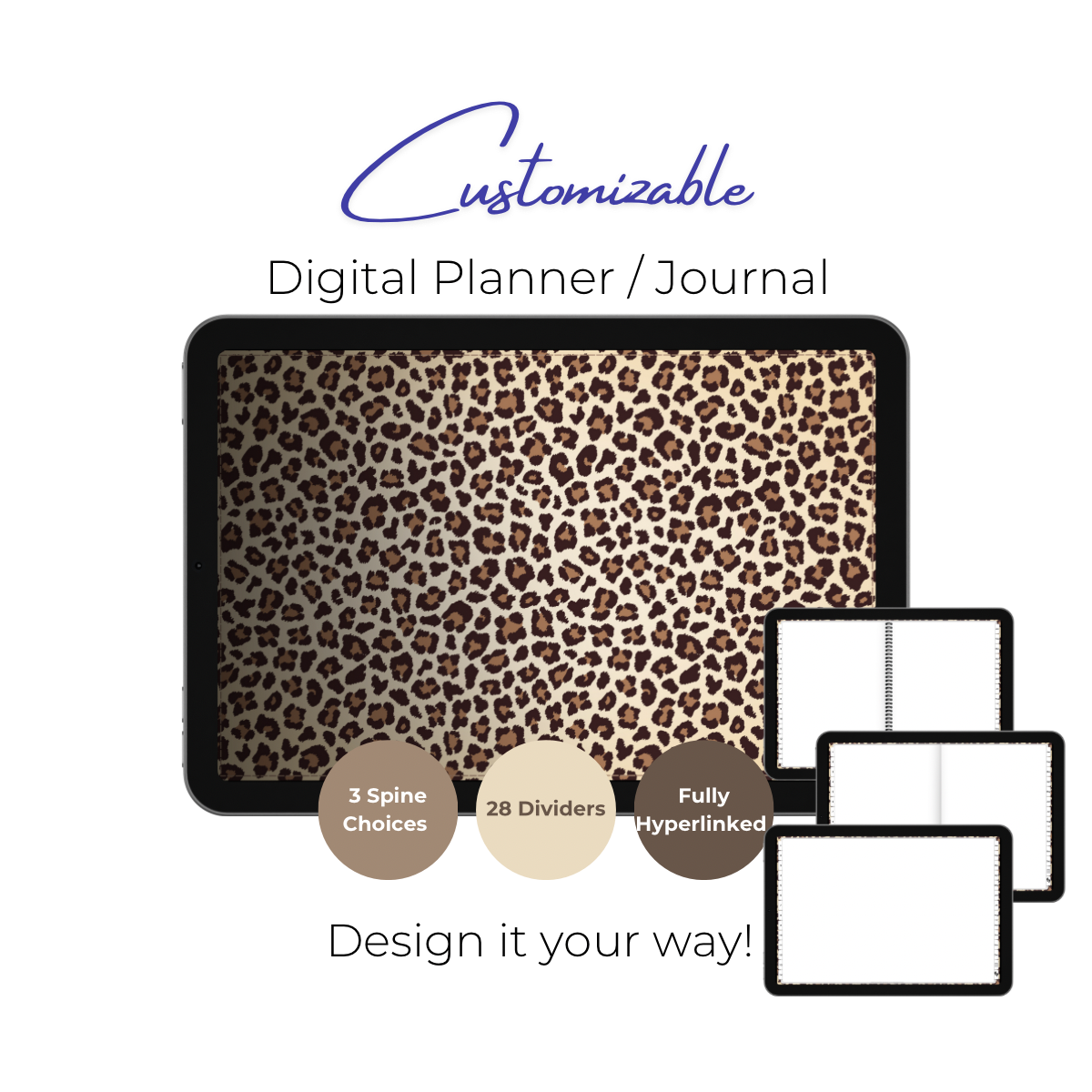 Customizable Digital Planner / Journal - Leopard Print - White Tabs
