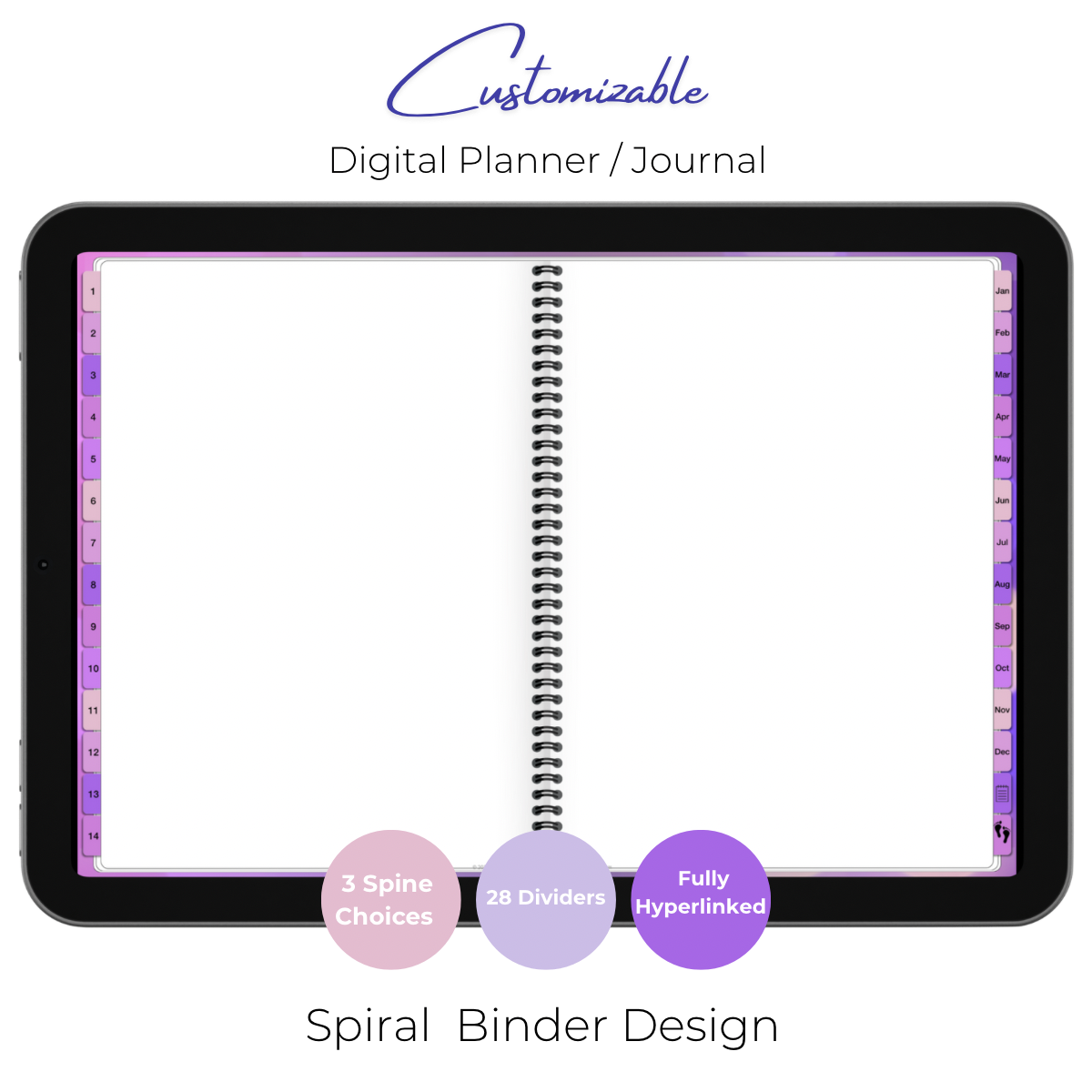 Customizable Digital Planner / Journal - Purple Bubbles - Color Tabs