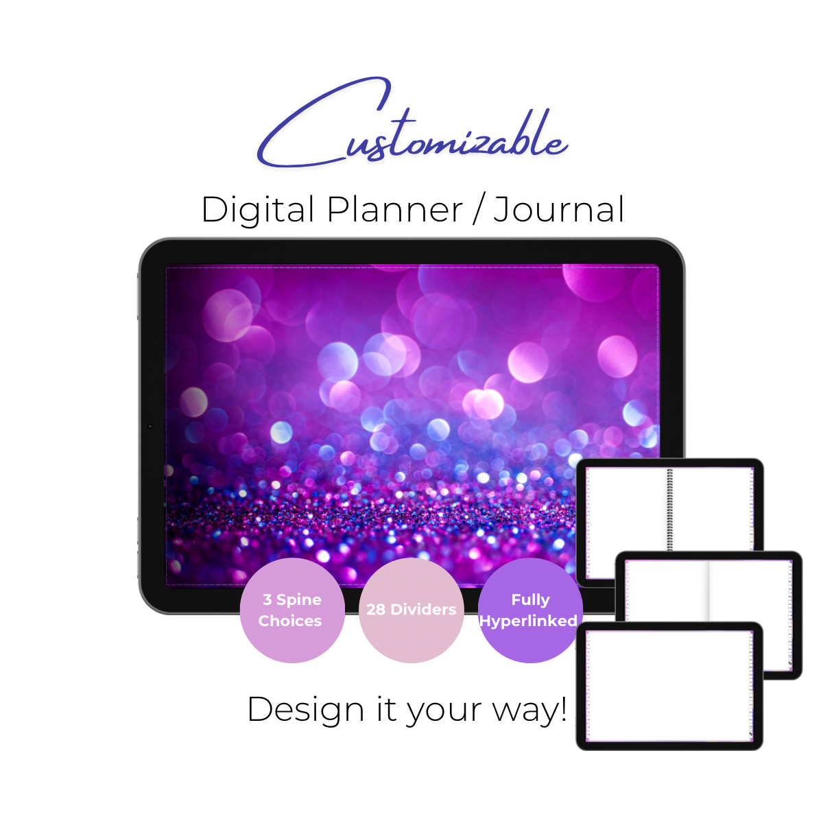 Customizable Digital Planner / Journal - Purple Bubbles - White Tabs
