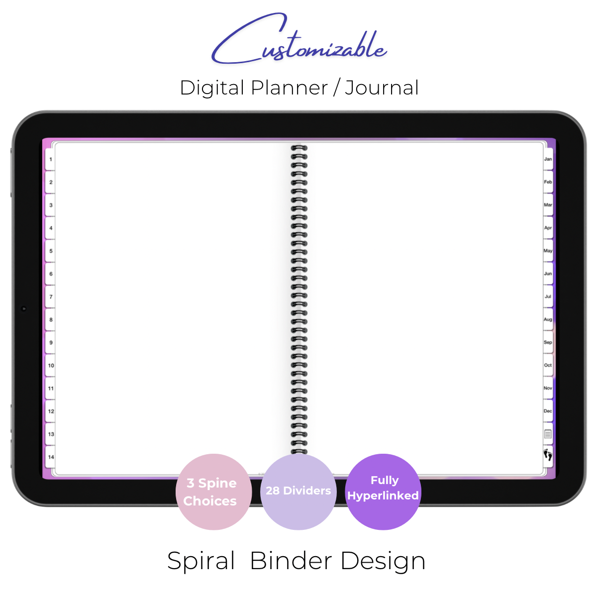 Customizable Digital Planner / Journal - Purple Bubbles - White Tabs