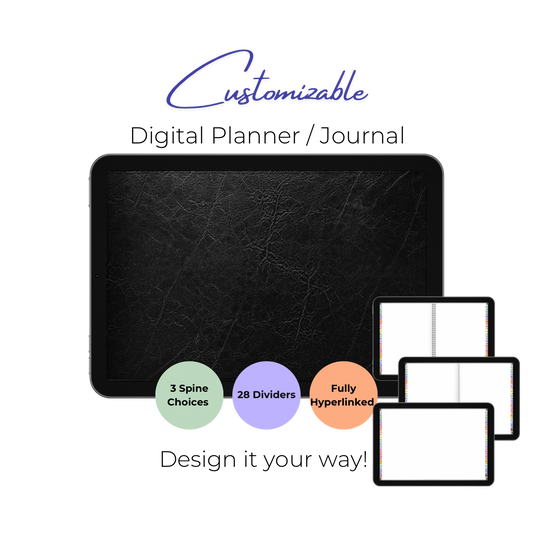 Customizable Digital Planner / Journal - Black Leather - Multi-Color Tabs