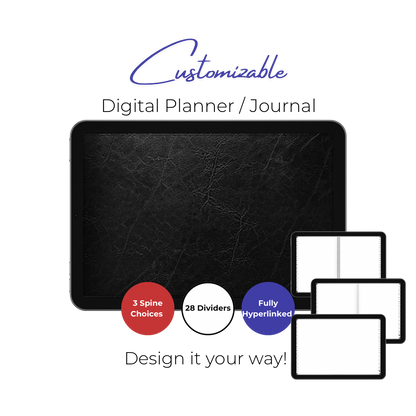 Customizable Digital Planner / Journal - Black Leather - White Tabs