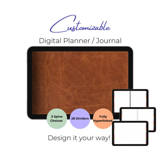 Customizable Digital Planner / Journal - Brown Leather - Multi-Color Tabs